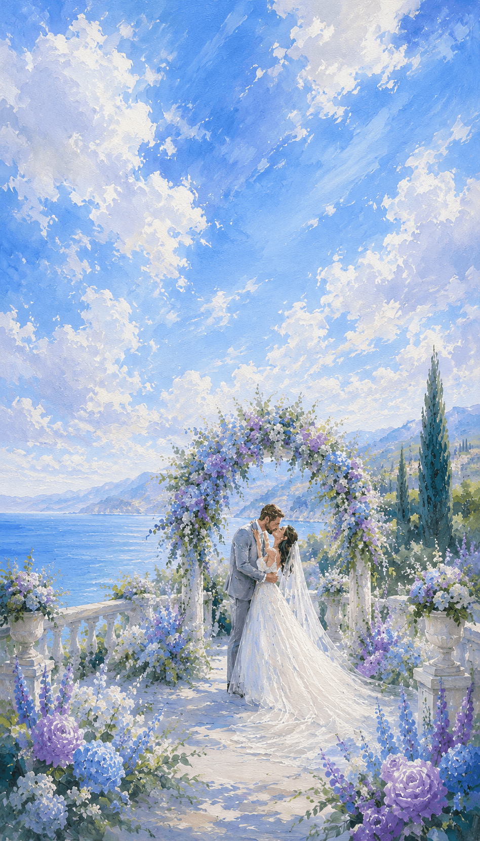 Watercolor painting of the bride and groom embracing under a floral arch by the sea